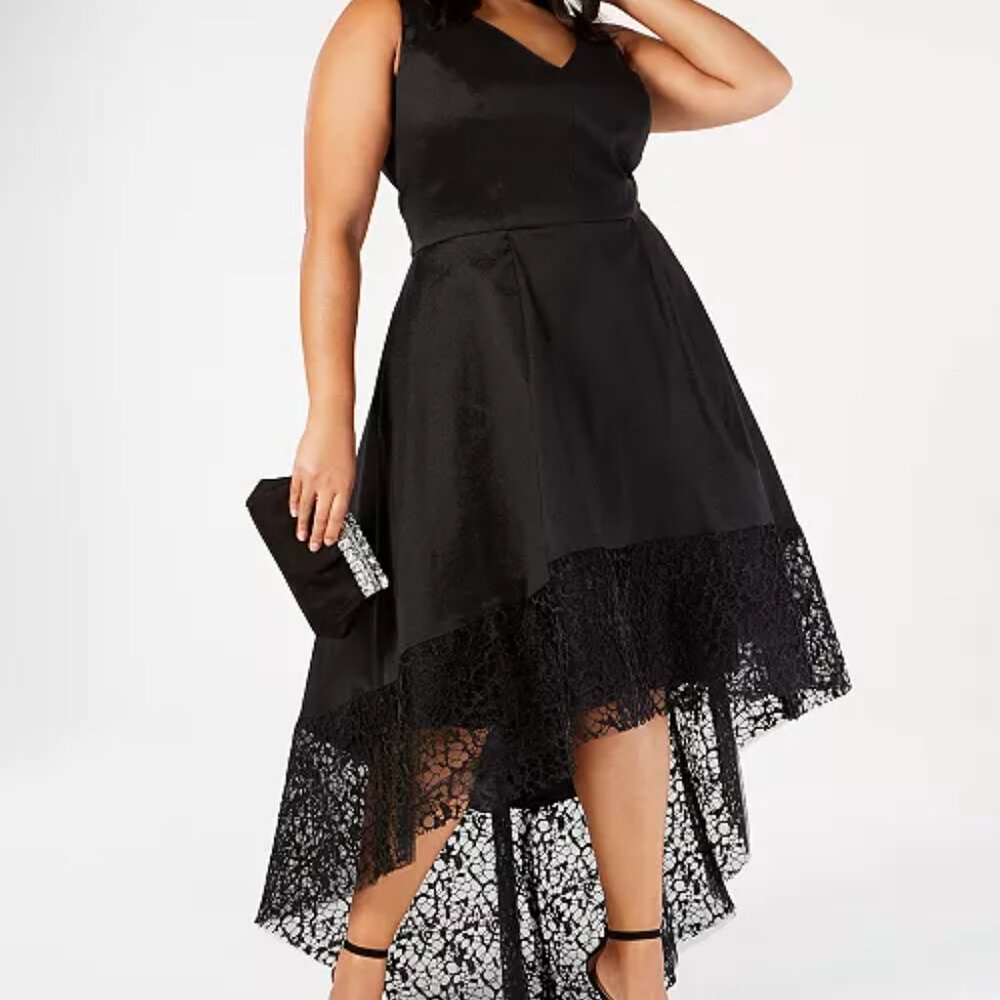 BETSY & ADAM Taffeta High-low Dress with Floral Lace Hem - Picture 2 of 13